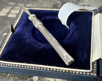 Antique Edwardian Solid Silver Retractable Toothpick | Engraved Foliate Detail, Sliding Mechanical Design