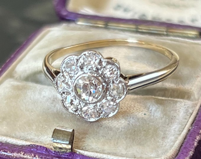 Edwardian 0.70ct Diamond Cluster Ring, 18ct Gold Platinum Antique Engagement Ring