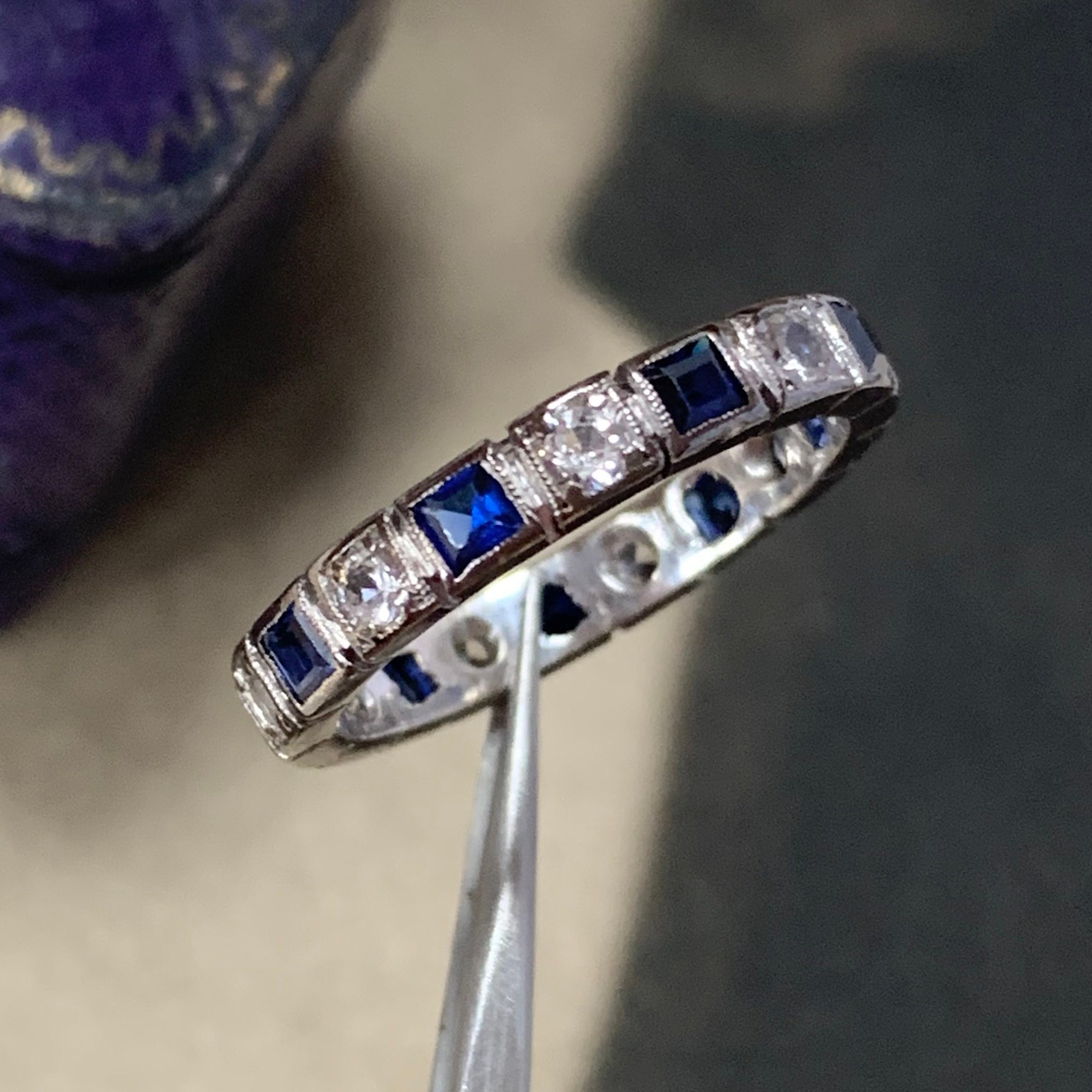 1965 Sapphire Eternity Ring With White Spinels Set in 9Ct Gold. A Lovely Vintage Wedding Band Or Engagement