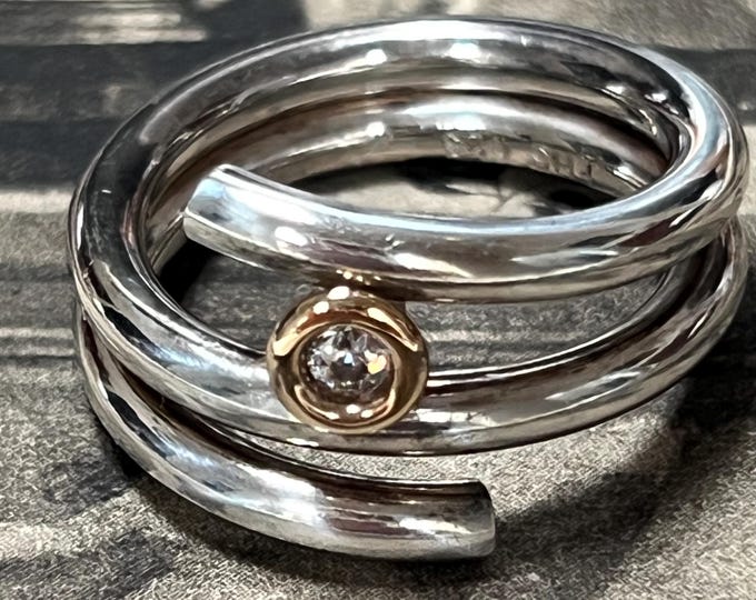 Frits Heiring Sorensen sterling silver Ring. 14ct gold set cubic zirconia gemstone 1980s ring