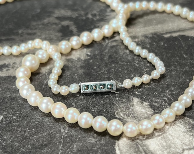 21 inch Graduated Cultured Pearl Necklace to silver clasp, matinee length strand 113 saltwater pearls 3.5mm-7mm graduated akoya pearls