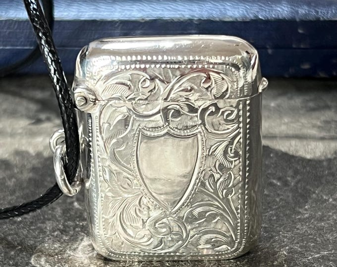 Antique Sterling Silver Vesta Case Pendant, Birmingham 1908, Floral Engraving, Joseph Gloster Keepsake