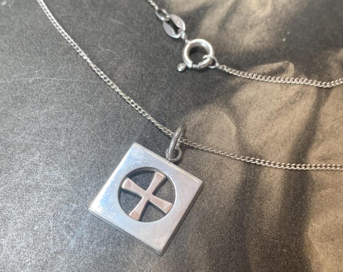 1970s Nina Breddal Pendant and chain. Finland Silver 925 Cruciform Motif Pendant and vintage silver 18" silver chain