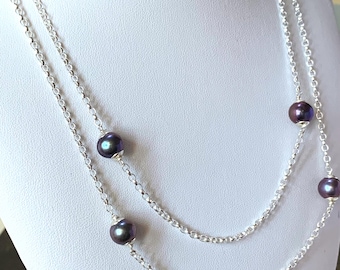 8.5mm pearl necklace Sterling silver belcher chain with large black baroque pearls Opera length 35 inches New 100% recycled silver