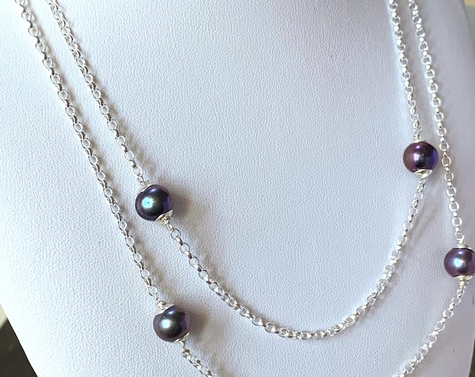8.5mm pearl necklace Sterling silver belcher chain with large black baroque pearls Opera length 35 inches New 100% recycled silver