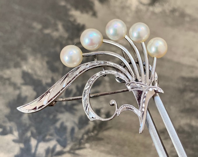 Mikimoto pearl brooch. 5mm gem quality akoya pearls in a beautiful silver floral spray design