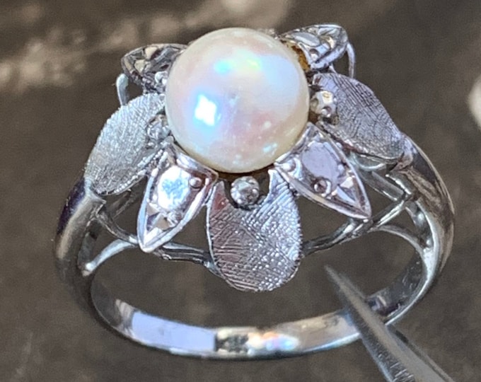 Vintage 7mm Akoya pearl ring. 3.4 grams 14ct white gold. Ring size  L, size 5 1/2 US.  Beautiful floral design