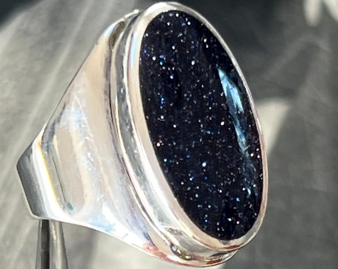 Vintage Blue Goldstone Sterling Silver Ring, contemporary David Scott Walker Ring,