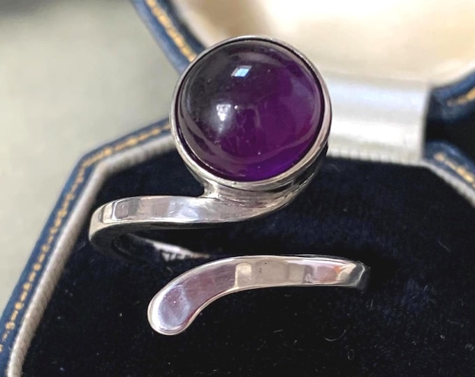 Vintage 1970s Snake Ring, Sterling Silver Amethyst Ring