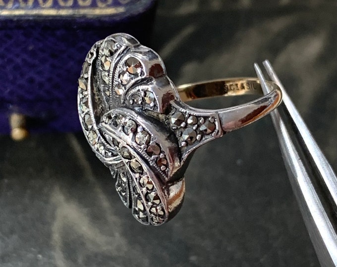 Edwardian Gold and Silver Marcasite Ring.9ct gold Ring. 6 grams size P size 7.5 (US). Art deco era gold ring with a beautiful swirl design