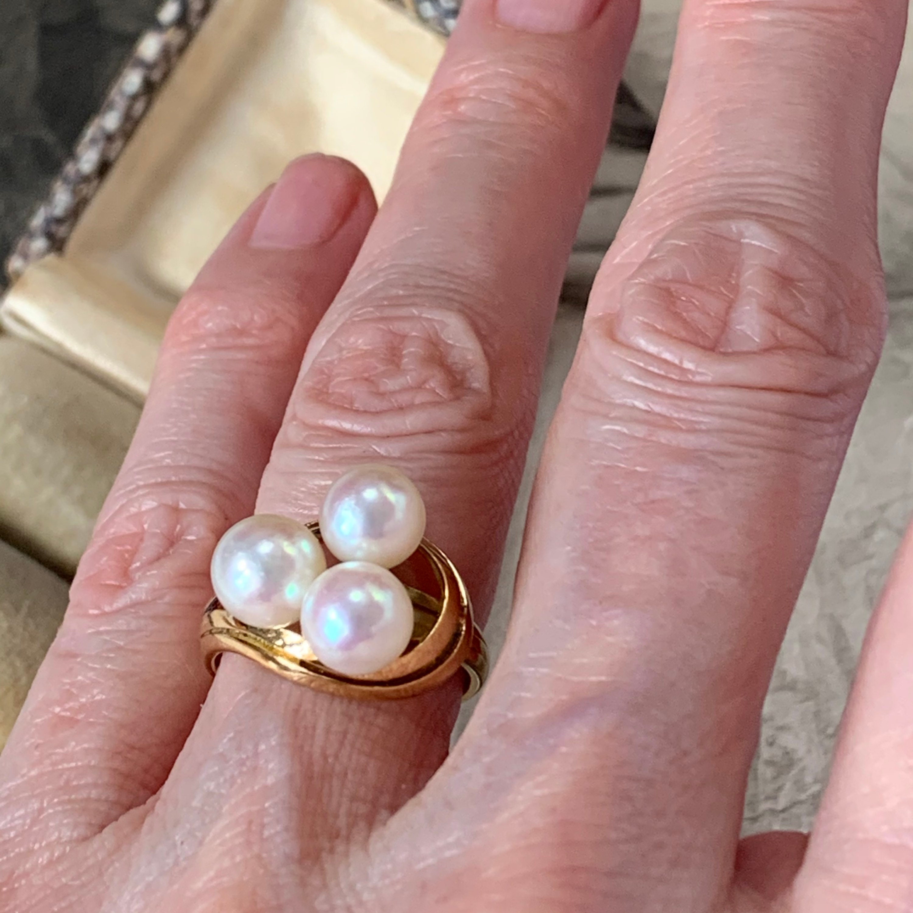 Mikimoto Pearl Ring 7mm Akoya Pearls 14Ct Gold With Three Beautiful Upstanding in A Ribbon Style Formation