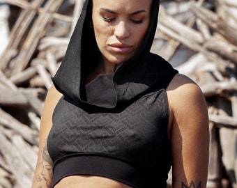 Hooded black crop top with cowl neck in viscose lycra with geometric lace print, EKINOX LONGMA Black by BLACKBOHEM