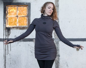 Grey tunic dress with long sleeves and gathers in quality cotton lycra, SUTRA GREY by BLACKBOHEM