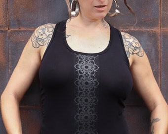 Black Racerback Tank Top with Floral Print, REBEL BLOOM by BLACKBOHEM