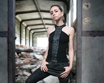 X collar black  tank top with abstract calligraphy pattern SAABA KALAM Black by BLACKBOHEM
