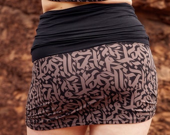 Brown mini skirt in super soft viscose lycra with abstract calligraphy pattern, KILLA KALAM Choco by BLACKBOHEM