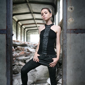 X collar black  tank top with abstract calligraphy pattern SAABA KALAM Black by BLACKBOHEM