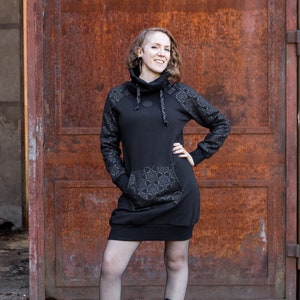Black Printed Midi Fleece Sweater Dress With High Folded