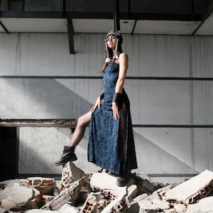 Blue maxi dress with black animal print, X shape collar, racer back and slits on sides FUSION SNAKE Blue by BLACKBOHEM