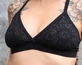 Comfortable printed bralette, yoga triangle bra with criss cross adjustable straps B-RA COSMIC Black by BLACKBOHEM