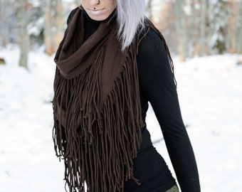 Infinity brown scarf with fringes in cotton jersey, TOTEM Choco by BLACKBOHEM