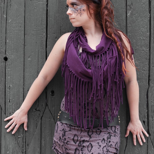 Foulard a franges en jersey de coton, TOTEM Violet by BLACKBOHEM