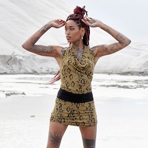 Olive dress with draped collar and open back in printed super soft viscose jersey with black animal pattern AKASHA SNAKE Gold by BLACKBOHEM