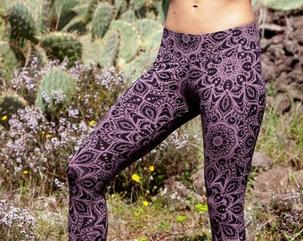 long leggings mallow purple with mandala print in viscose lycra, comfy yoga pants,  HATHA COSMIC Parma by BLACKBOHEM