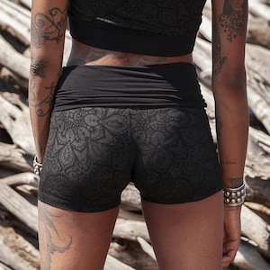Black hot pants and mini short with mandala lace pattern and foldable belt,  BOOTY COSMIC Black by BLACKBOHEM