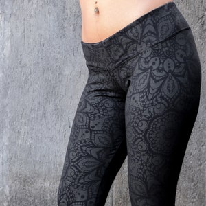 Black long leggings and yoga pants in viscose lycra with mandala lace pattern, HATHA COSMIC Black by BLACKBOHEM