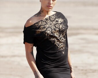 Black Tshirt dress off shoulder with calligraphy mandala motif NAGA SKAO Gold by BLACKBOHEM