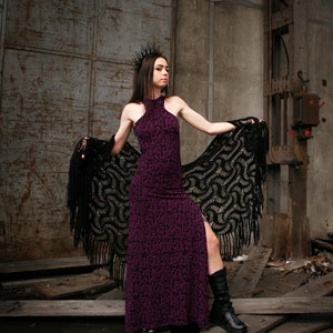 Maxi dress with calligraphy pattern, X shape collar, racer back and slits on sides FUSION KALAM Purple by BLACKBOHEM image 2