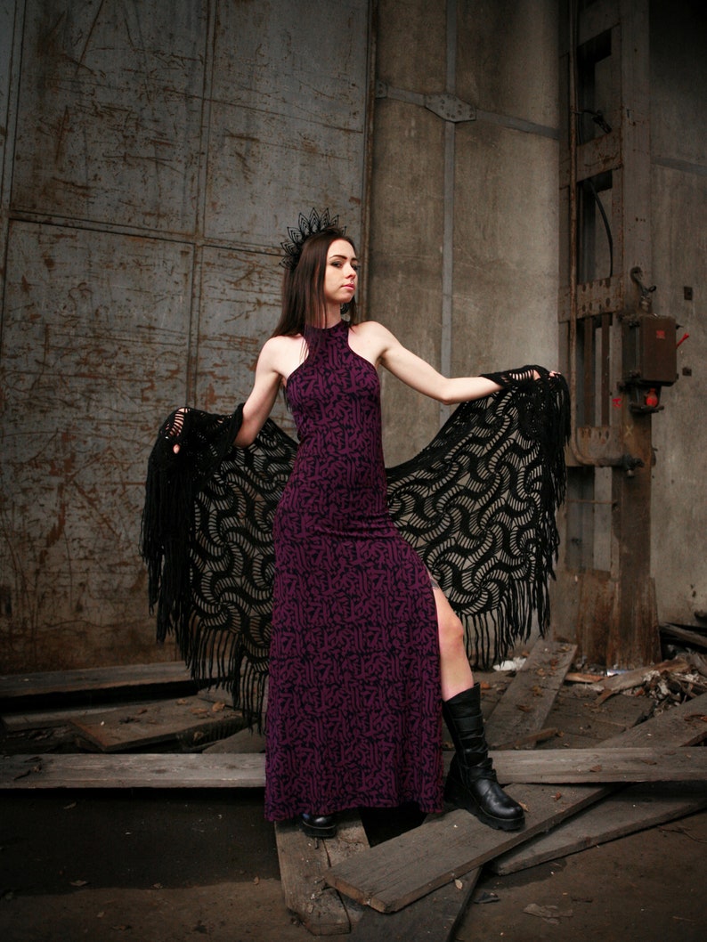 Maxi dress with calligraphy pattern, X shape collar, racer back and slits on sides FUSION KALAM Purple by BLACKBOHEM image 2