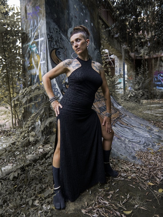 Black Maxi Dress With Animal Print X Shape Collar Racer Back and Slits on Sides FUSION KALAM Black by BLACKBOHEM Etsy UK