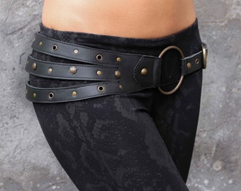 Black premium leather Belt with antic gold brass rings and hexagonal studs for tribal fusion costume, HIPOLITA HEXA Black by BLACKBOHEM