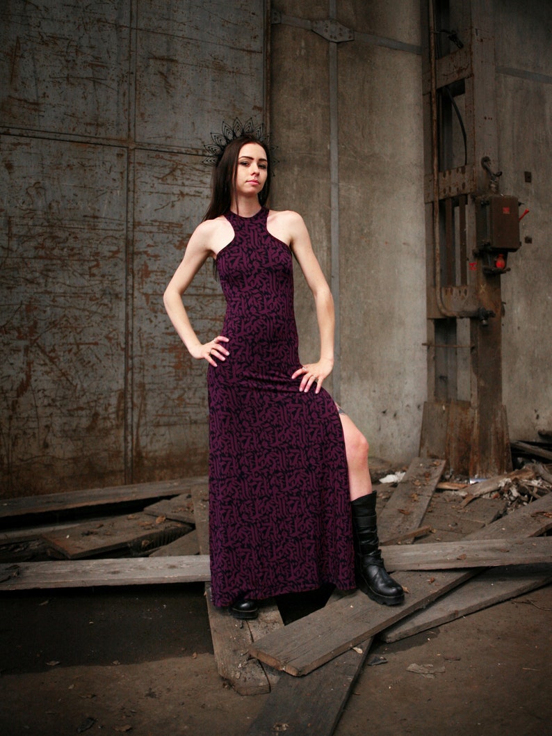 Maxi dress with calligraphy pattern, X shape collar, racer back and slits on sides FUSION KALAM Purple by BLACKBOHEM image 3