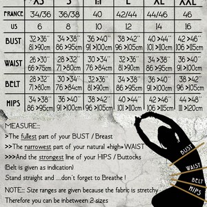 May include: Size chart for clothing with measurements in inches and centimeters. The chart includes sizes XS, S, M, L, XL, and XXL. The chart shows measurements for France, US, bust, waist, belt, and hips.