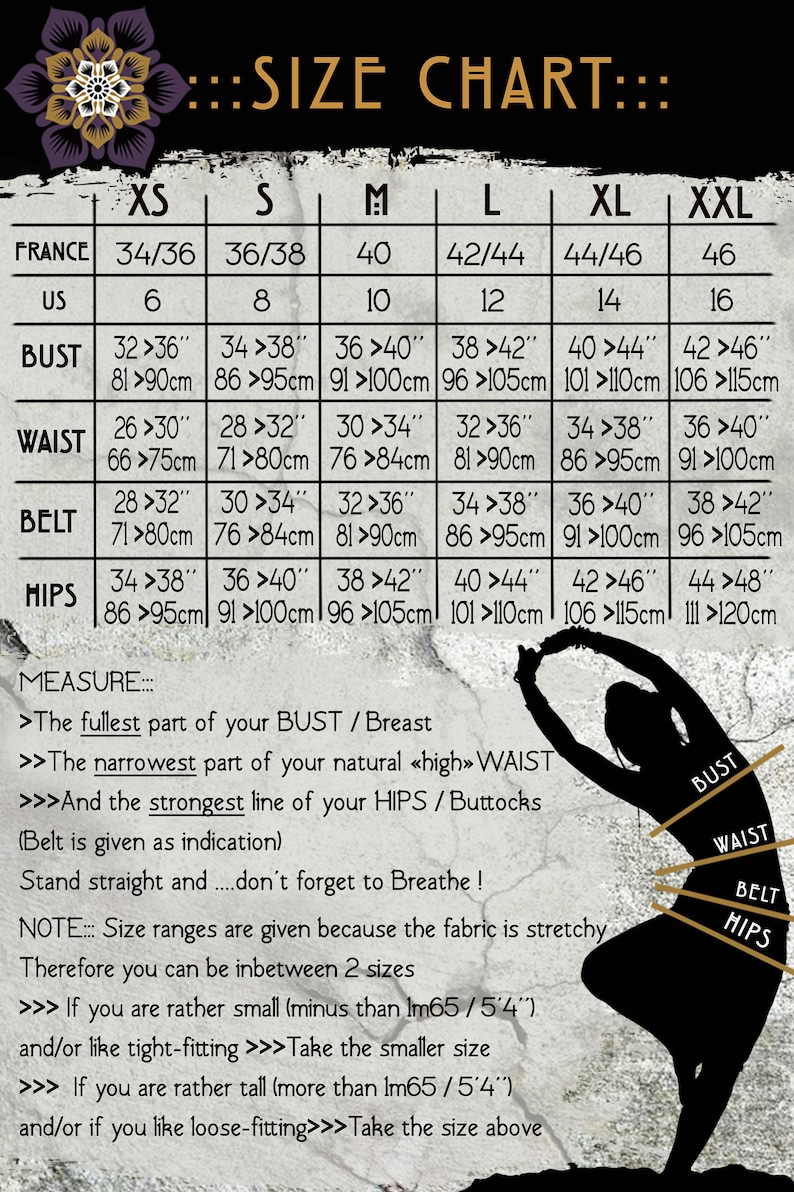 May include: Size chart for clothing with measurements in inches and centimeters. The chart includes sizes XS, S, M, L, XL, and XXL. The chart shows measurements for France, US, bust, waist, belt, and hips.