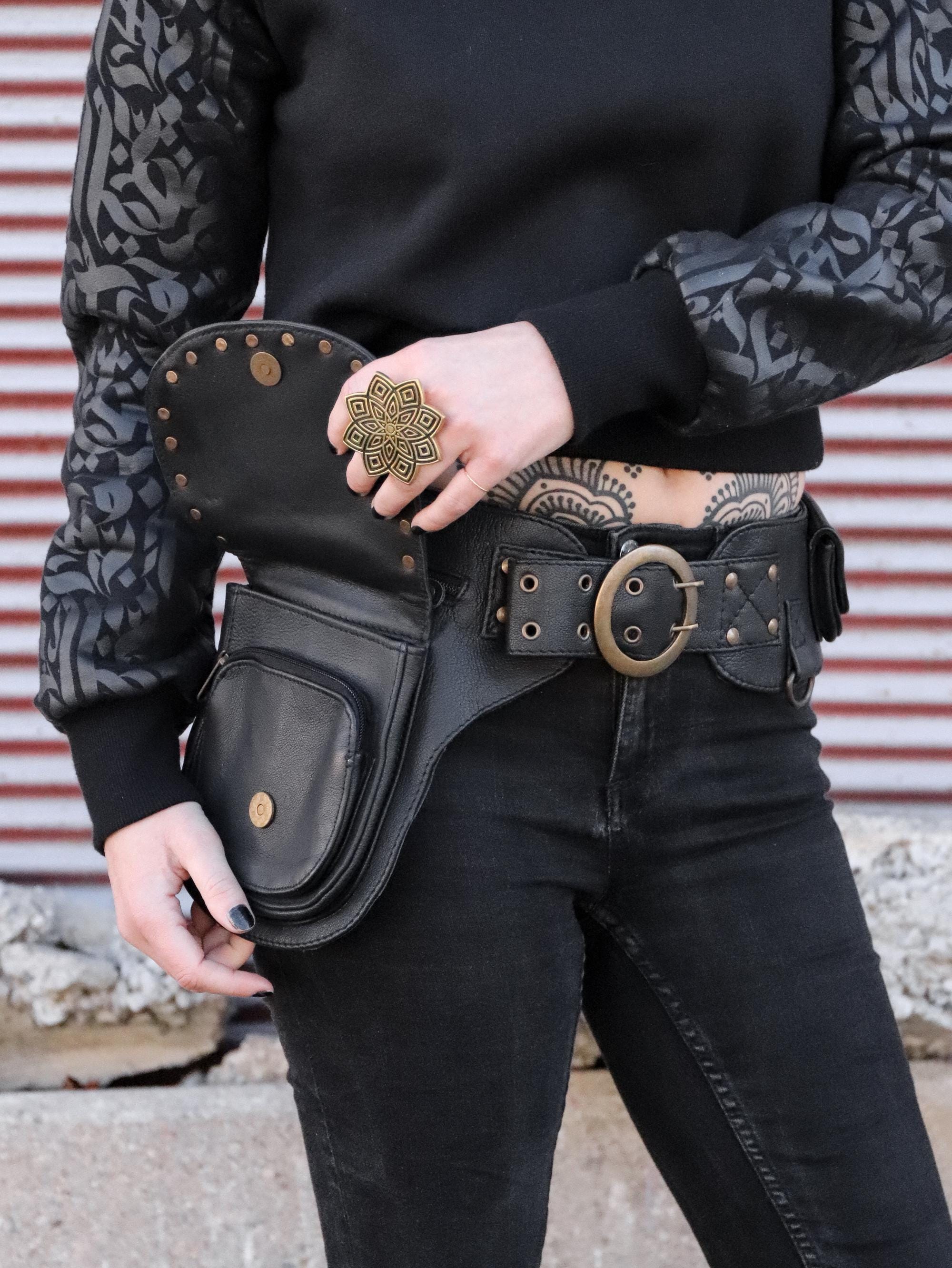 Elegant Black Leather Belt Pouch Gold Buckle Waist Bag Amazon.com | Itamood Top Grain Leather Crossbody belt bags  main image 2