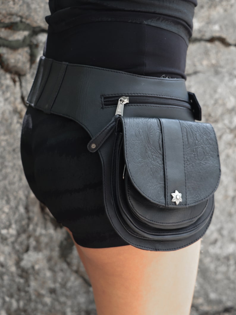 Black leather utility pouch belt with silver shade asanoha studs ISHTAR Bullet by BLACKBOHEM