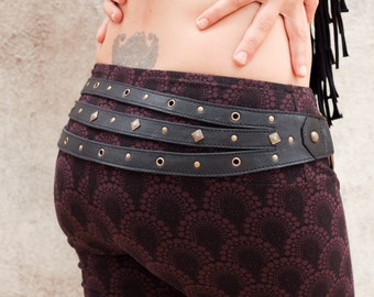Black premium leather Belt with antic gold brass rings and studs for tribal fusion costume, HIPOLITA PYRAMID Black by BLACKBOHEM