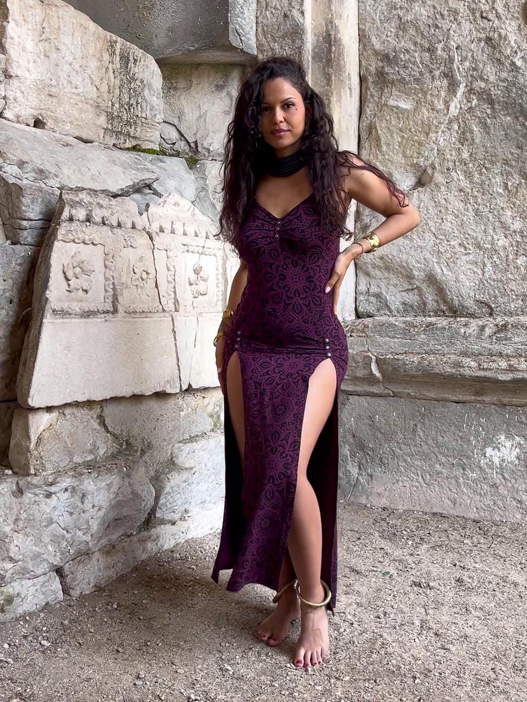 Plum maroon maxi spaghetti straps dress with slits and mandala pattern, LILITH COSMIC Purple by BLACKBOHEM