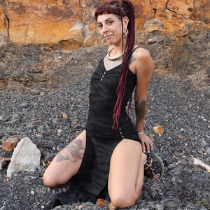 Stripe Maxi Dress, Adjustable Spaghetti Straps, Thigh Slits, LILITH TIGER Black by BLACKBOHEM