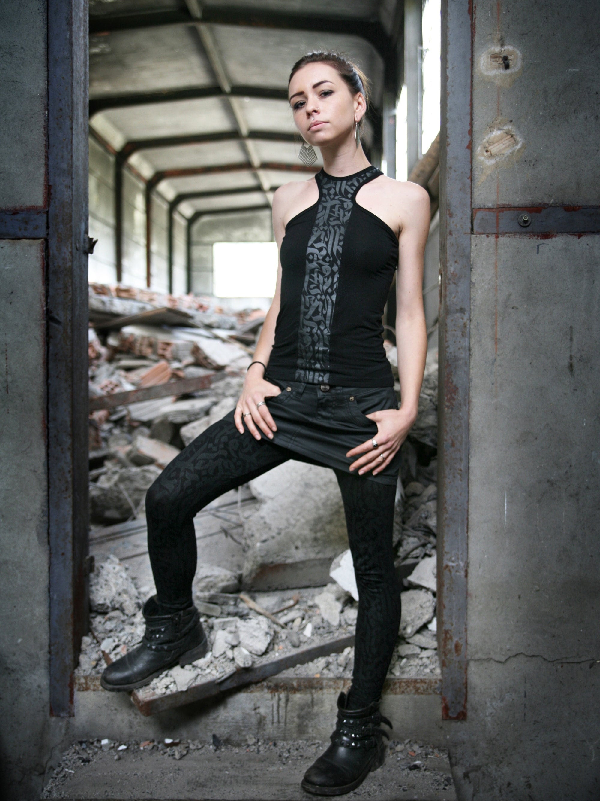 X collar black  tank top with abstract calligraphy pattern SAABA KALAM Black by BLACKBOHEM