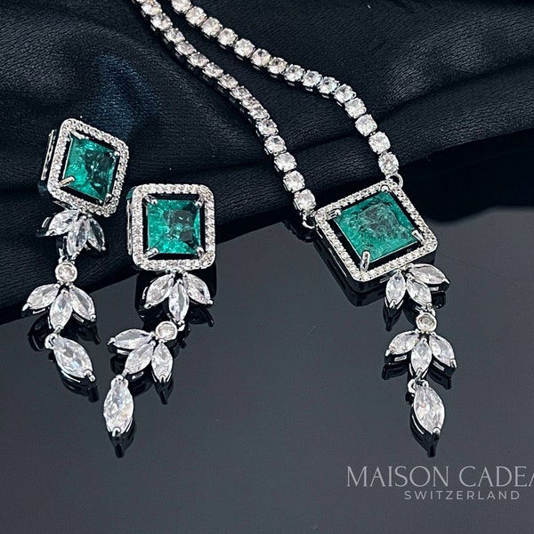 Teal Green Crystal Silver Jewelry Set - Luxury Statement drop earrings and necklace - Bridal jewelry