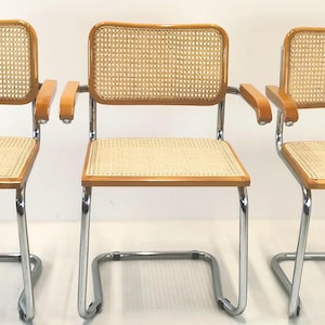 1 of 3 Vintage Cesca Chair with Armrests / Wood, Chrome and Cane Net / Marcel Breuer Cantilever Dining Chair / Made in Italy