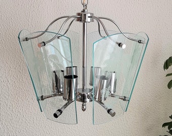 Mid-century Glass Pane Chandelier / 6-Sided Glass and Metal Chandelier / Veca Fontana Arte Style / 70s Yugoslavia