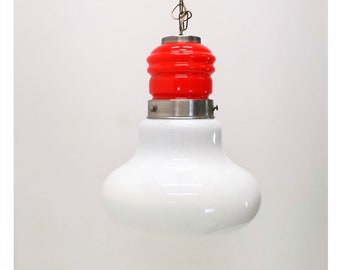 Large Mid-century bulb pendant light / Orange & White glass and metal / 70s Space age hanging lightbulb
