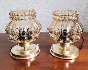 Pair of vintage bubble glass bedside lamps / Gold metal table lamps / 60s 70s Yugoslavia nightlight