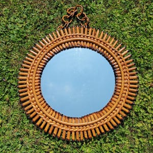 Vintage Italian Round Bamboo Mirror  / 1960s Sunburst Mirror with Rattan Chain